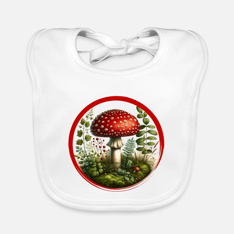 Champignon rouge détaillé sur le sol de la forêt Bavoir bio Bébé