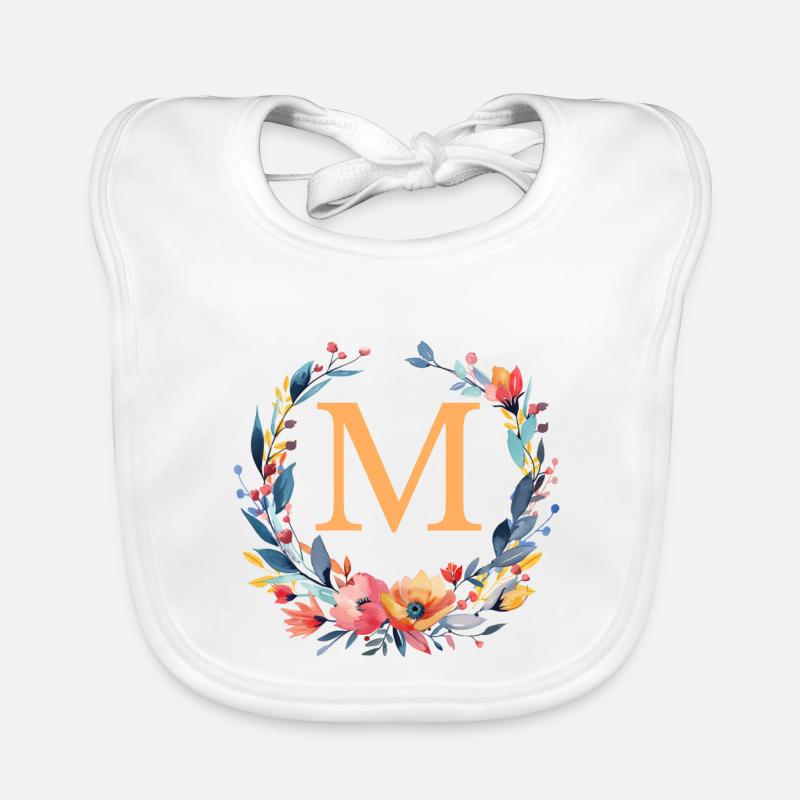 M Monogram, Flower Wreath, Personalizable Organic Baby Bibs