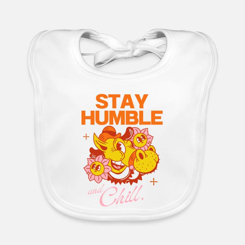 Restez humble et détendez-vous - Conception de dessin animé rétro - Bavoir bio Bébé - blanc