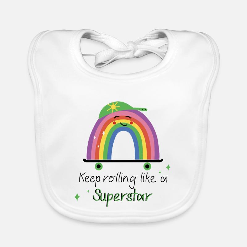 Keep Rolling Like a Superstar - Rainbow Skate - Organic Baby Bibs - white