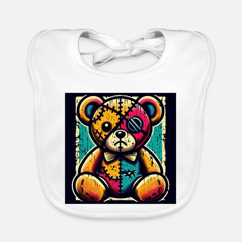 Patchwork bear art with vintage charm Organic Baby Bibs
