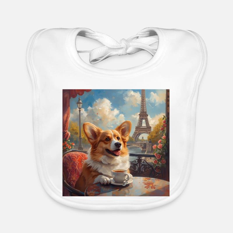 Corgi drinking coffee in front of the Eiffel Tower in Paris Organic Baby Bibs