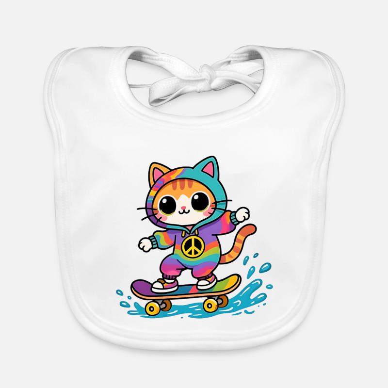 Chat multicolore skateboard - Bavoir bio Bébé - blanc