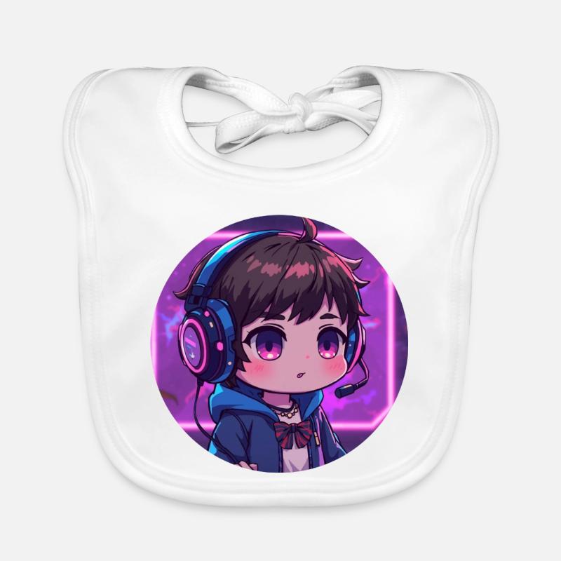Neon Gaming Chibi mit Kopfhörern Baby Bio-Lätzchen