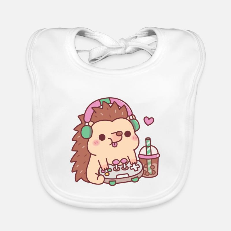 Cute Hedgehog With Game Controller And Boba Tea Organic Baby Bibs