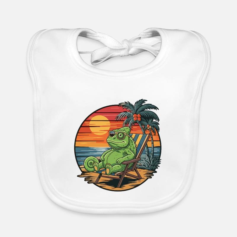 Funny Chameleon on Beach Summer Vacation Sunset Organic Baby Bibs