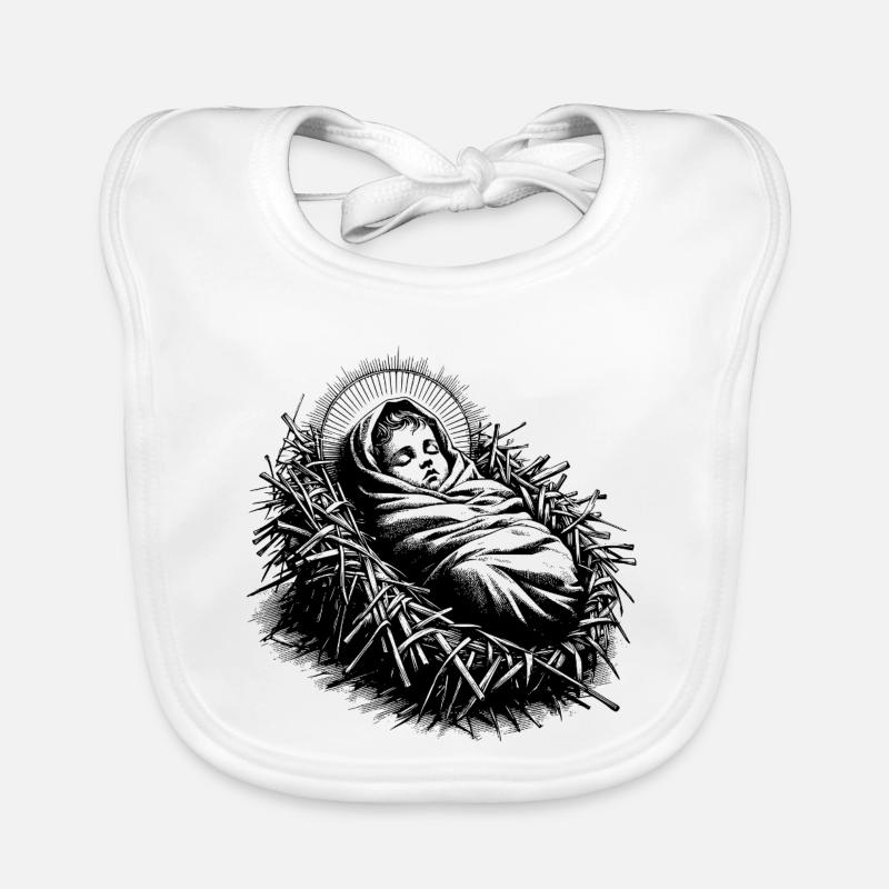 Le Bébé Jésus né dans la crèche de Noël - Bavoir bio Bébé - blanc