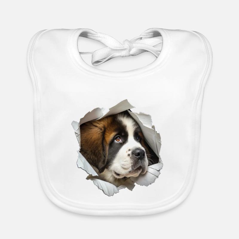 Lustiger Bernhardinerhund späht in zerrissenem Papierloch Baby Bio-Lätzchen
