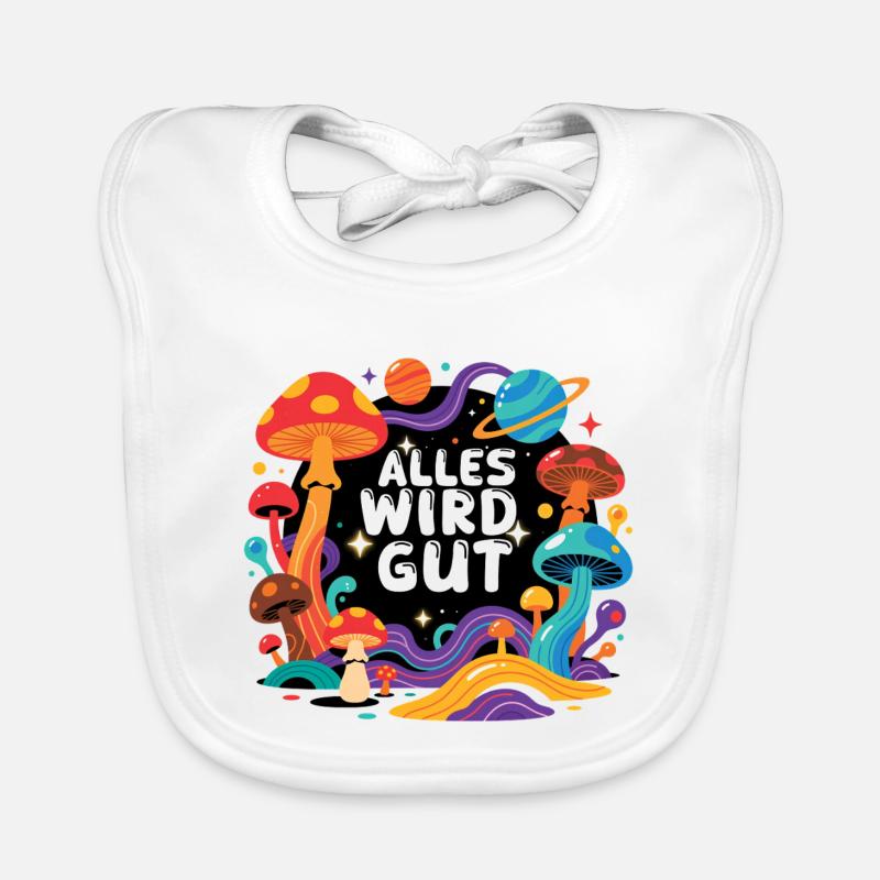 Everything Will Be Fine - Retro Mushrooms Space Design Organic Baby Bibs