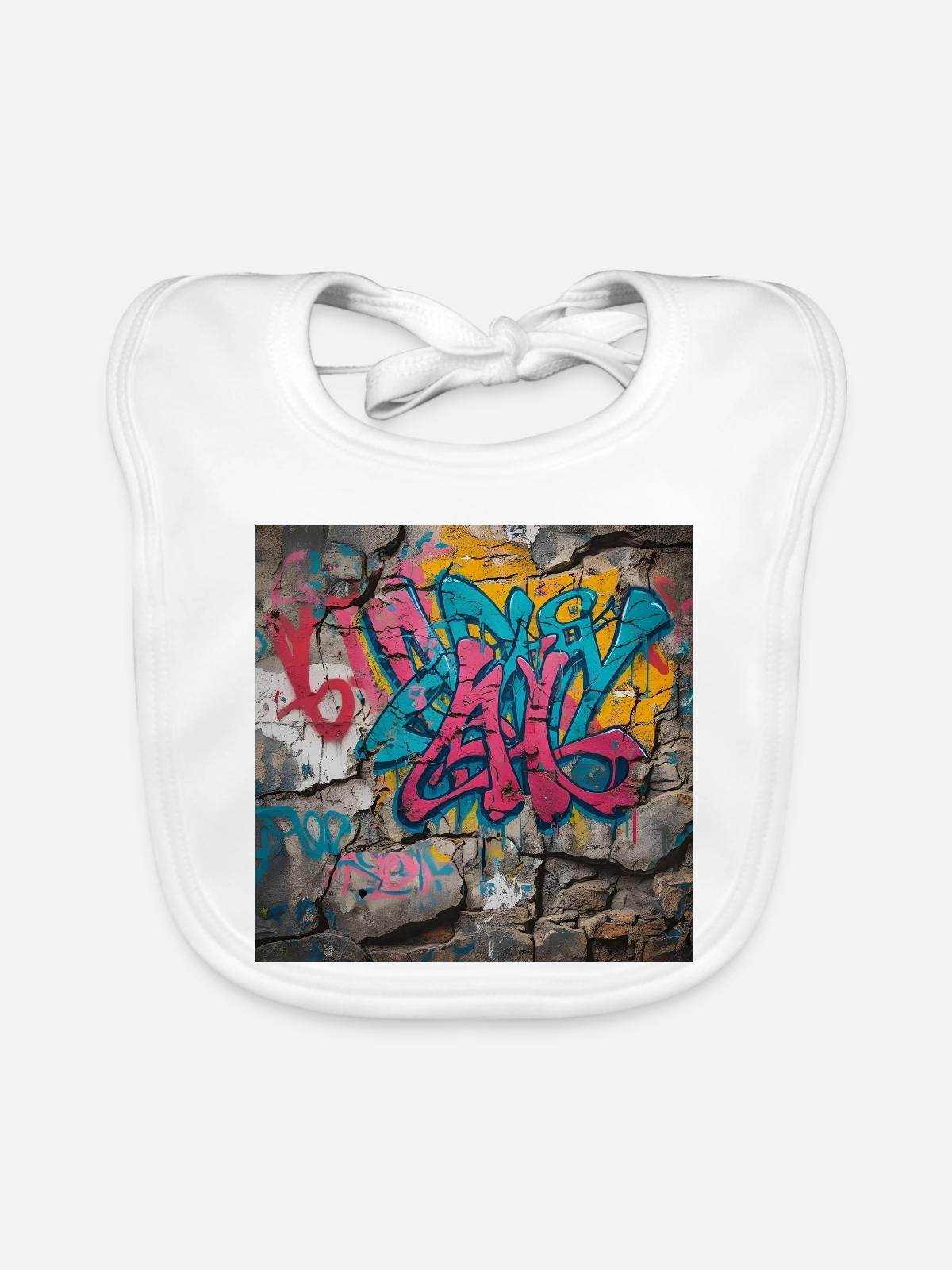Bunte Graffiti auf Steinwand - Baby Bio-Lätzchen - Weiß - Vorne
