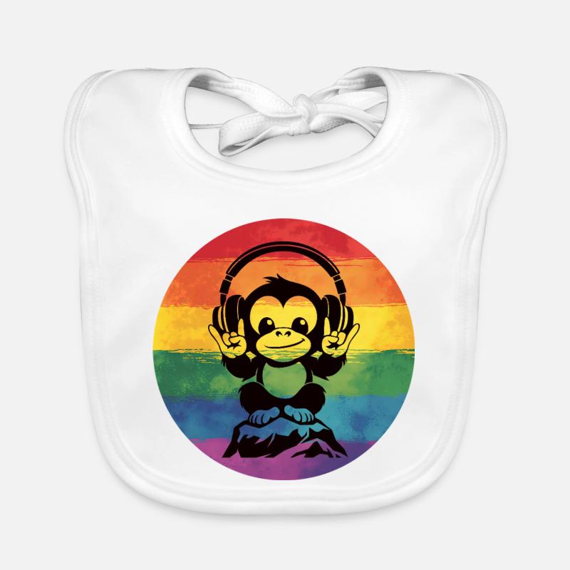 Regenbogen DJ Affe – Kopfhörer Rockhandzeichen Baby Bio-Lätzchen