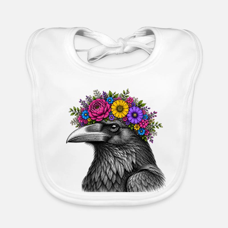 Crow's Head with Flower Crown - Organic Baby Bibs - white