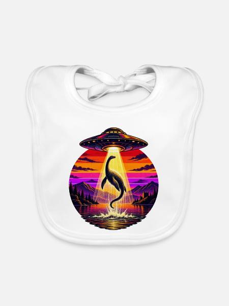 UFO-Strahl-Lochness-Monster Sonnenuntergangsneon - Baby Bio-Lätzchen - Weiß - Vorne