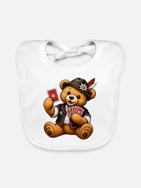 Teddybär Kartenspieler - Geschenk für Spielfreunde - Baby Bio-Lätzchen - Weiß - Vorne