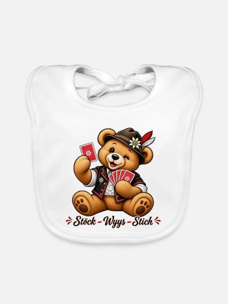 Für Jasserinnen & Jasser - Teddy Stöck Wyys Stich - Baby Bio-Lätzchen - Weiß - Vorne