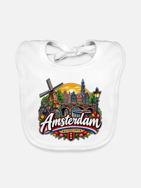 Amsterdam – Grachten, Tulpen & Holland - Baby Bio-Lätzchen - Weiß - Vorne