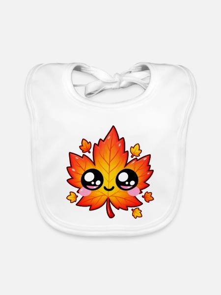 Kawaii Lächelndes Ahornblatt - Baby Bio-Lätzchen - Weiß - Vorne