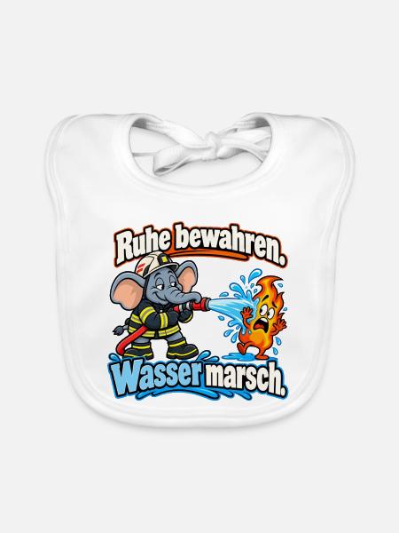 Feuerwehr-Elefant – Ruhe bewahren, Wasser marsch - Baby Bio-Lätzchen - Weiß