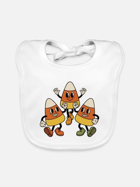 Drei retro-Cartoon-Candy-Corn-Figuren tanzen - Baby Bio-Lätzchen - Weiß - Vorne