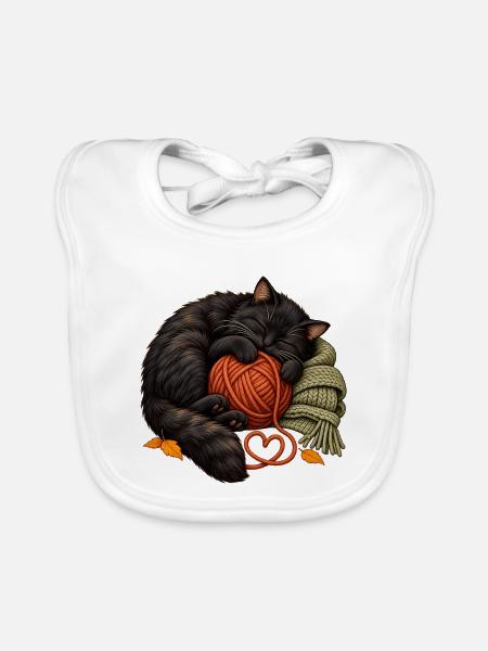 Schlafende schwarze Katze mit Garn – gemütliches Stricken - Baby Bio-Lätzchen - Weiß
