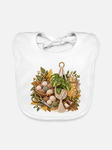 Herbstmakramee mit Garnknäueln und Blätter - Baby Bio-Lätzchen - Weiß - Vorne