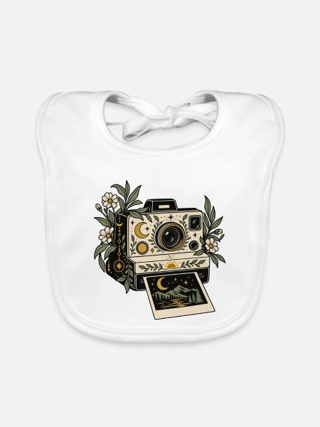 Vintage Kamera mit Blüten Mondlicht - Baby Bio-Lätzchen - Weiß - Vorne