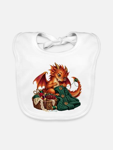 Strickender Drache mit Wolle - Baby Bio-Lätzchen - Weiß - Vorne