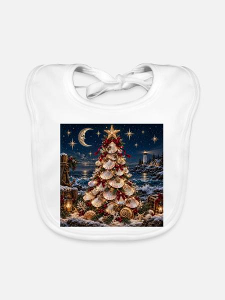 Muschel-Weihnachtsbaum am Meer - Baby Bio-Lätzchen - Weiß - Vorne