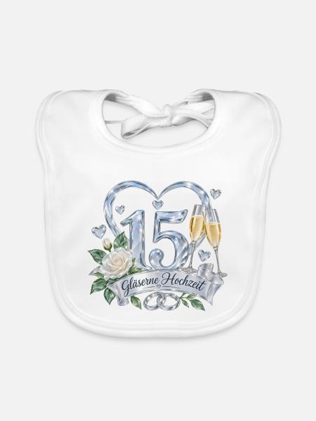 15.Hochzeitstag , 15 Jahre Gläserne Hochzeit - Baby Bio-Lätzchen - Weiß - Vorne