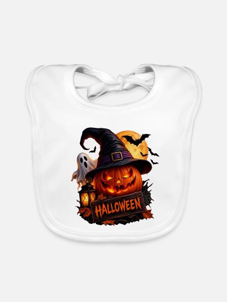 Halloween Kürbis Hexenhut Geist Fledermäuse - Baby Bio-Lätzchen - Weiß - Vorne