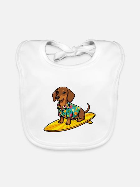Hawaii Dackel Surfen Surfboard Hund T-Shirt - Baby Bio-Lätzchen - Weiß - Vorne
