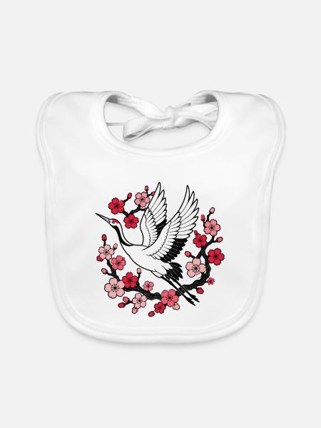 Kranich Kirschblüten Japan Natur Vektor Shirt - Baby Bio-Lätzchen - Weiß - Vorne
