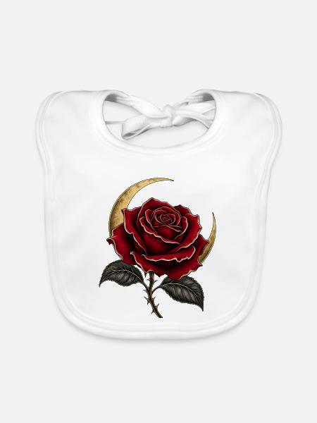 Dunkle Rose mit Mondsichel – Gothic Art - Baby Bio-Lätzchen - Weiß
