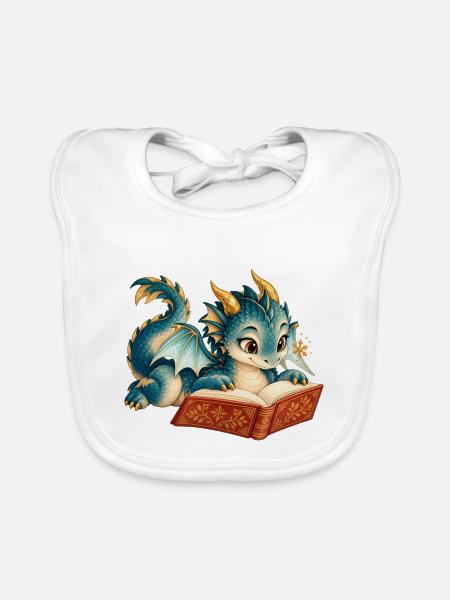 Blaues Drachen-Lesebuch - Baby Bio-Lätzchen - Weiß - Vorne