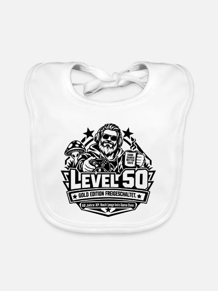 Level 50: 50. Geburtstag – Lustiges Gamer-Geschenk - Baby Bio-Lätzchen - Weiß - Vorne
