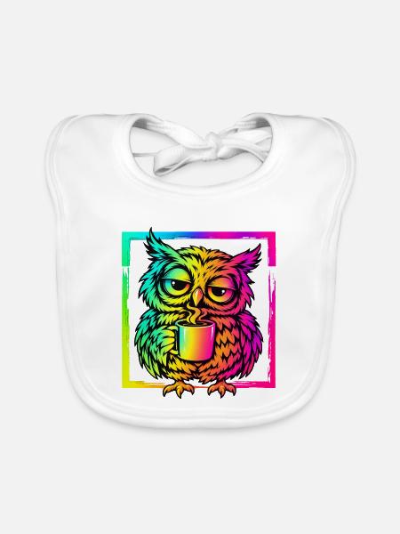 Eule mit Kaffee – Neon Graffiti Pop Art - Baby Bio-Lätzchen - Weiß - Vorne