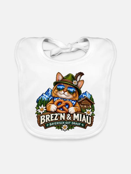 Bayerische Katze Brezn & Miau – Volksfest Shirt - Baby Bio-Lätzchen - Weiß - Vorne