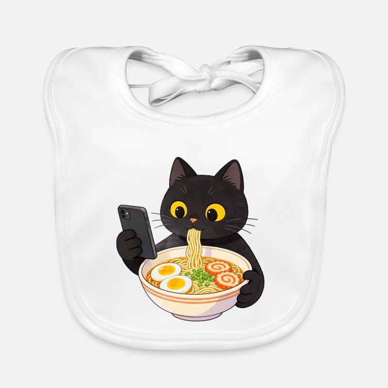 Chat noir avec smartphone et nouilles ramen - Bavoir bio Bébé - blanc