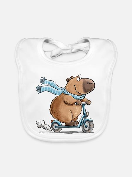 Capybara auf Roller Lustiges Tiermotiv Scooter - Baby Bio-Lätzchen - Weiß - Vorne