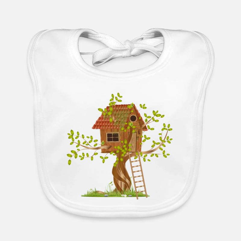Une cabane en arbre de travers dans la canopée avec échelle - Bavoir bio Bébé - blanc
