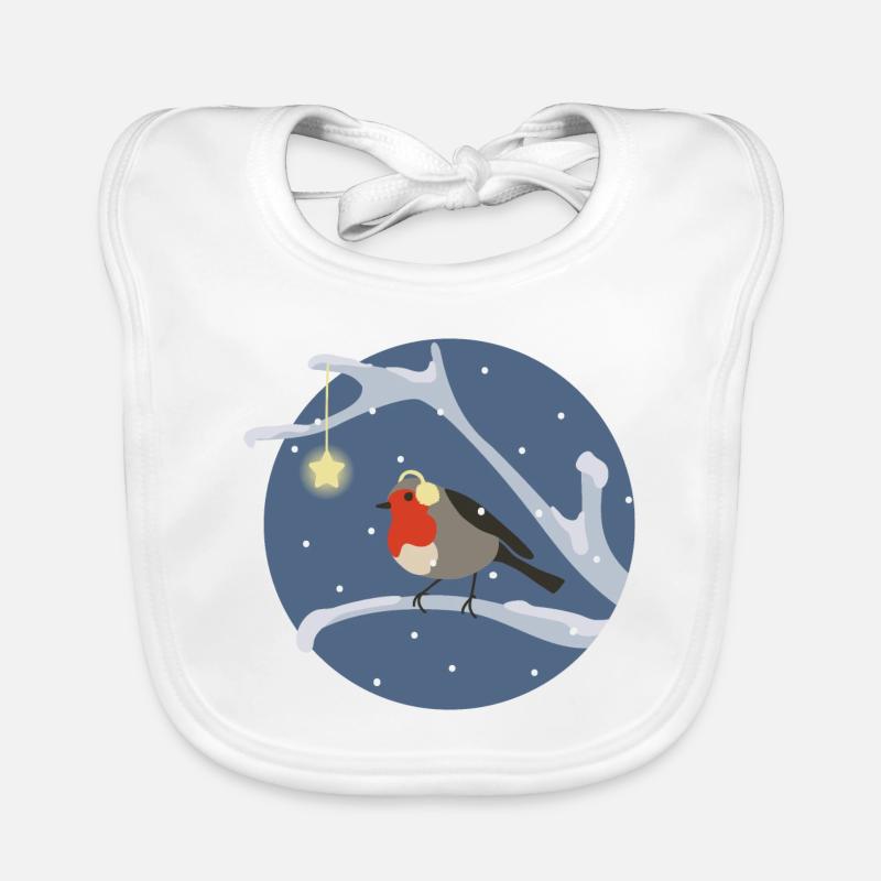 Kleiner Vogel auf dem Ast mit Schnee - Baby Bio-Lätzchen - Weiß