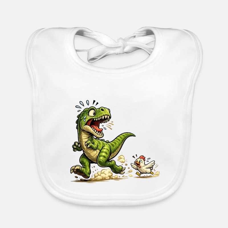 Comic Raptor Dinosaur on the run from a chicken Organic Baby Bibs