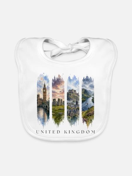 UK Travel – Big Ben & Stonehenge Motiv - Baby Bio-Lätzchen - Weiß - Vorne