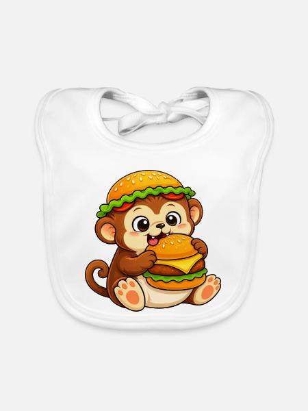 Schimpanse mit Cheeseburger Fast Food - Baby Bio-Lätzchen - Weiß - Vorne