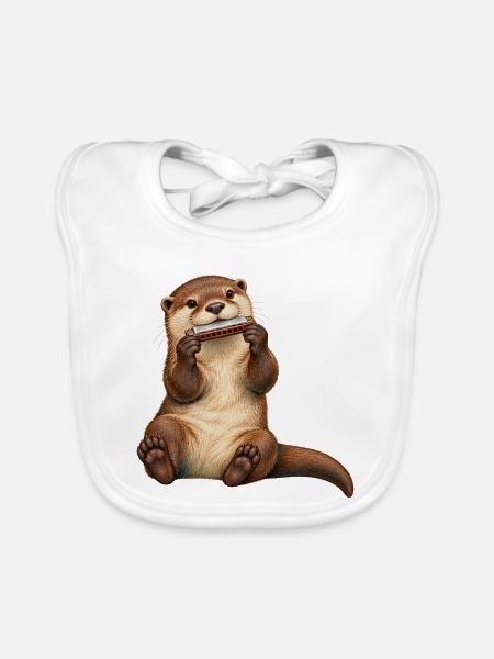 Otter spielt Mundharmonika - Baby Bio-Lätzchen - Weiß