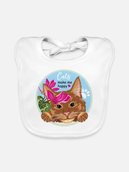 Peeking ginger cat with flowers Cats make me happy - Organic Baby Bibs - white - Front