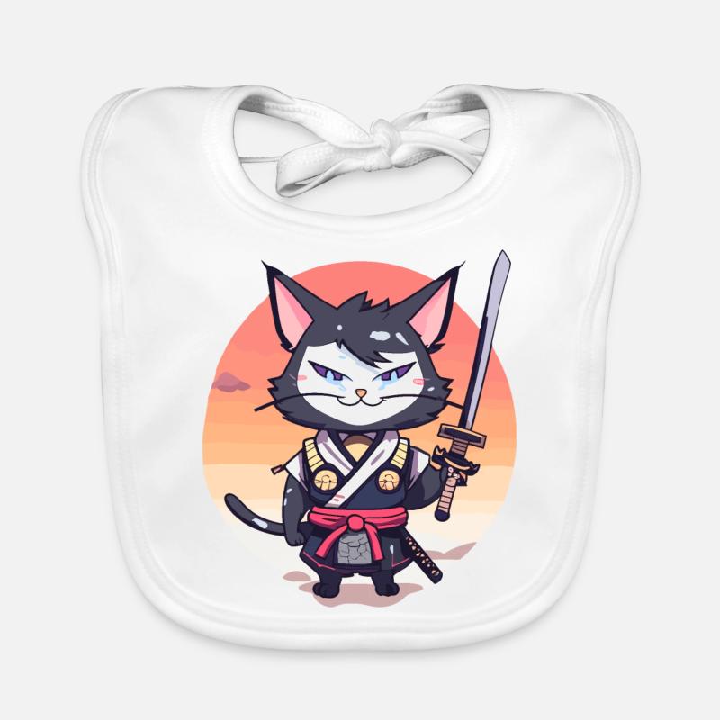 Samurai Cat #37 - Organic Baby Bibs - white