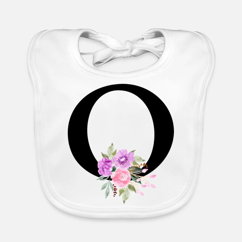 Lettre o floral violet - Bavoir bio Bébé - blanc