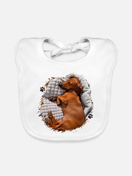 Dackel Kuscheltraum auf Decke - Baby Bio-Lätzchen - Weiß - Vorne