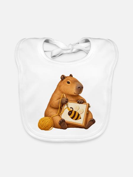 Capybara mit Punch-Needle-Biene - Baby Bio-Lätzchen - Weiß - Vorne